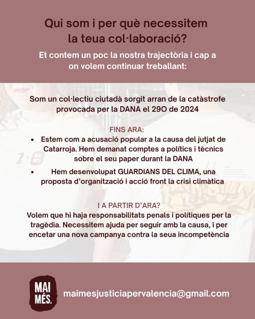 Imatge que relata el treball fet fins ara als jutjats de Catarroja en el cas de la DANA i desenvolupant projectes per respondre comunitàriament a les emergències.